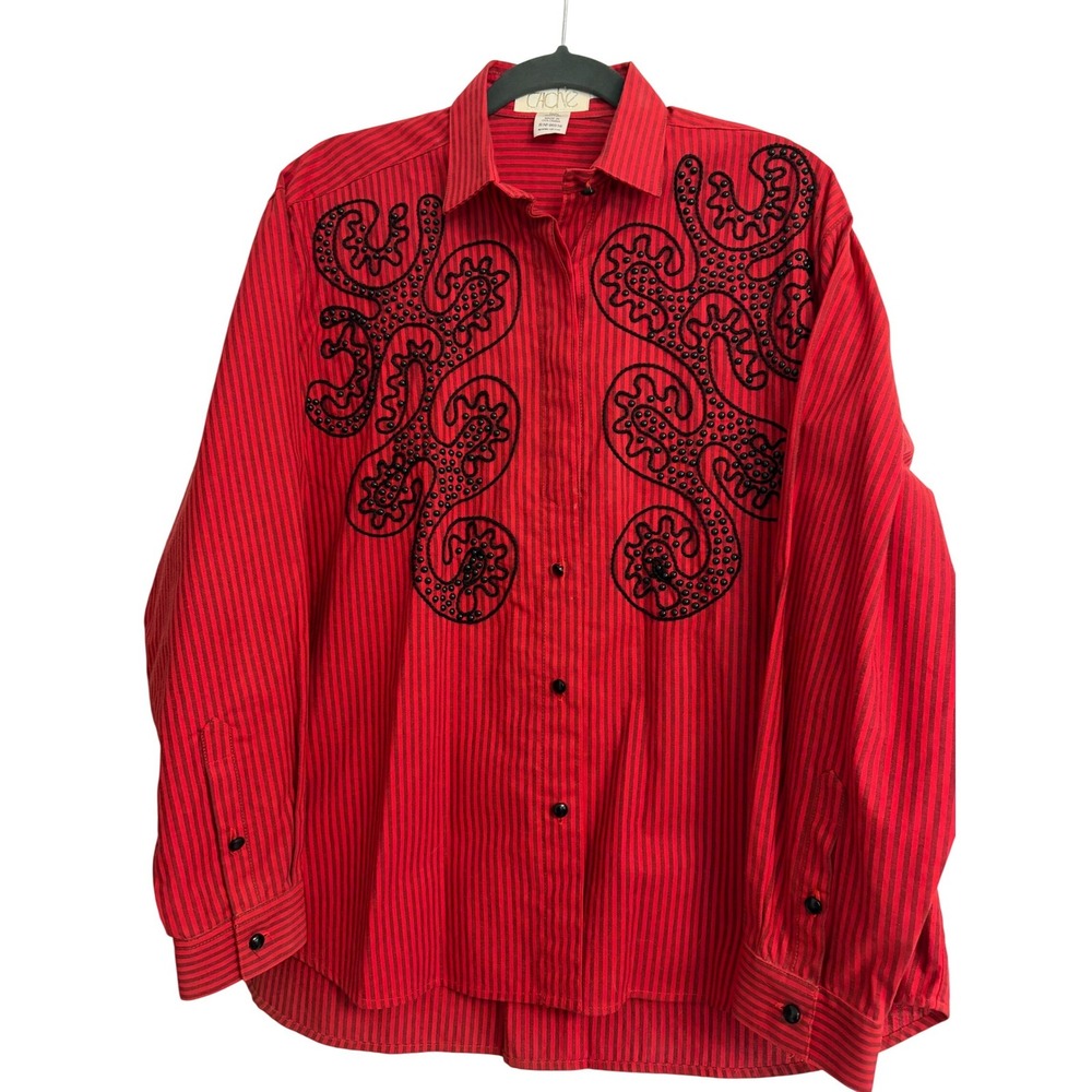 Cache Red Striped Beaded Paisley‎ Button Down Shirt Cotton Small Cowgirl Western